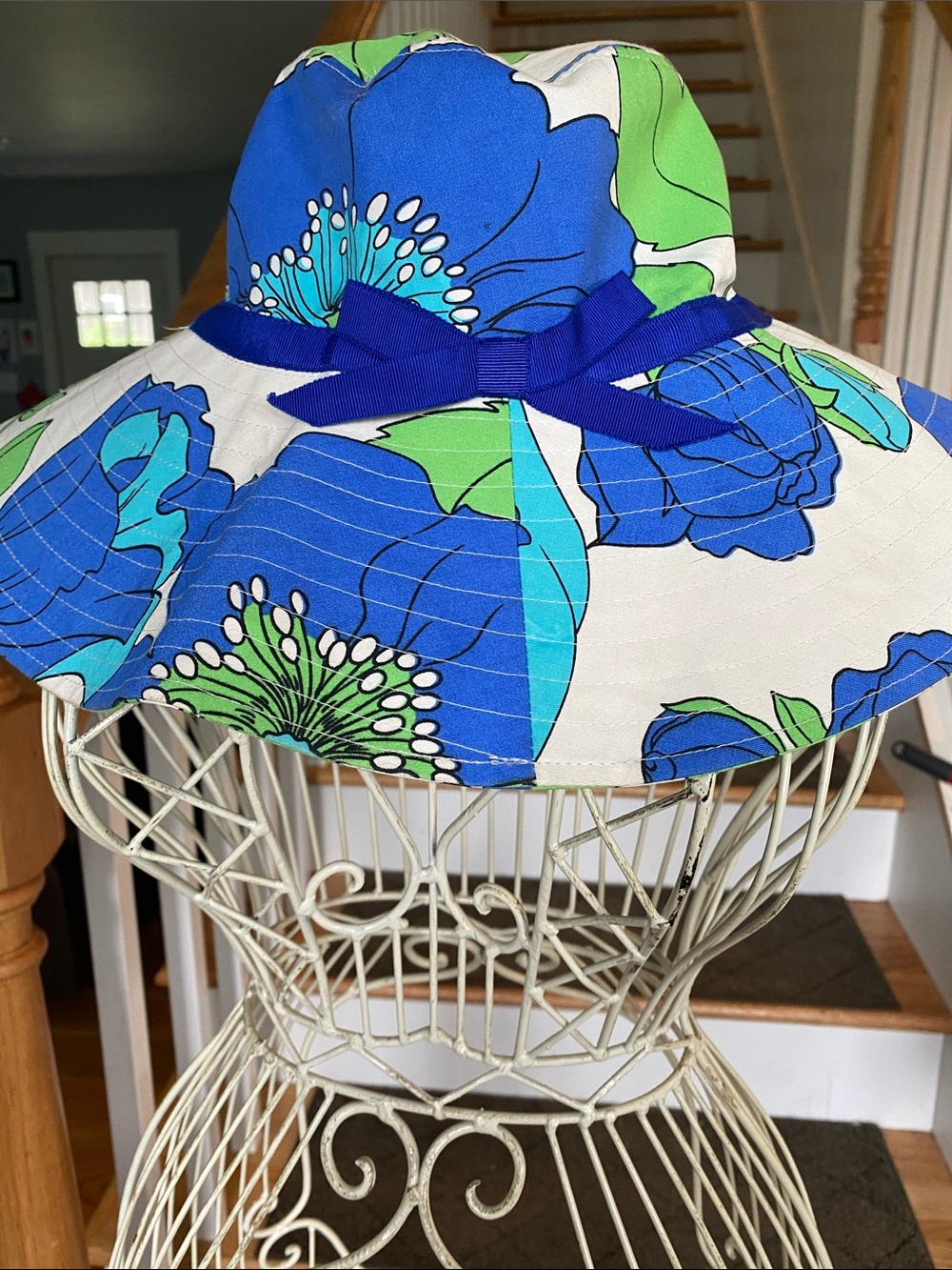 kate spade Blue and Green Floral Sun Hat with Ribbon Trim